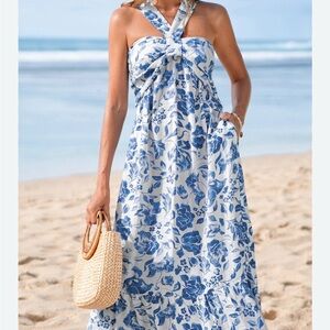 NWT Cupshe Watercolor Petals Halter Maxi Dress